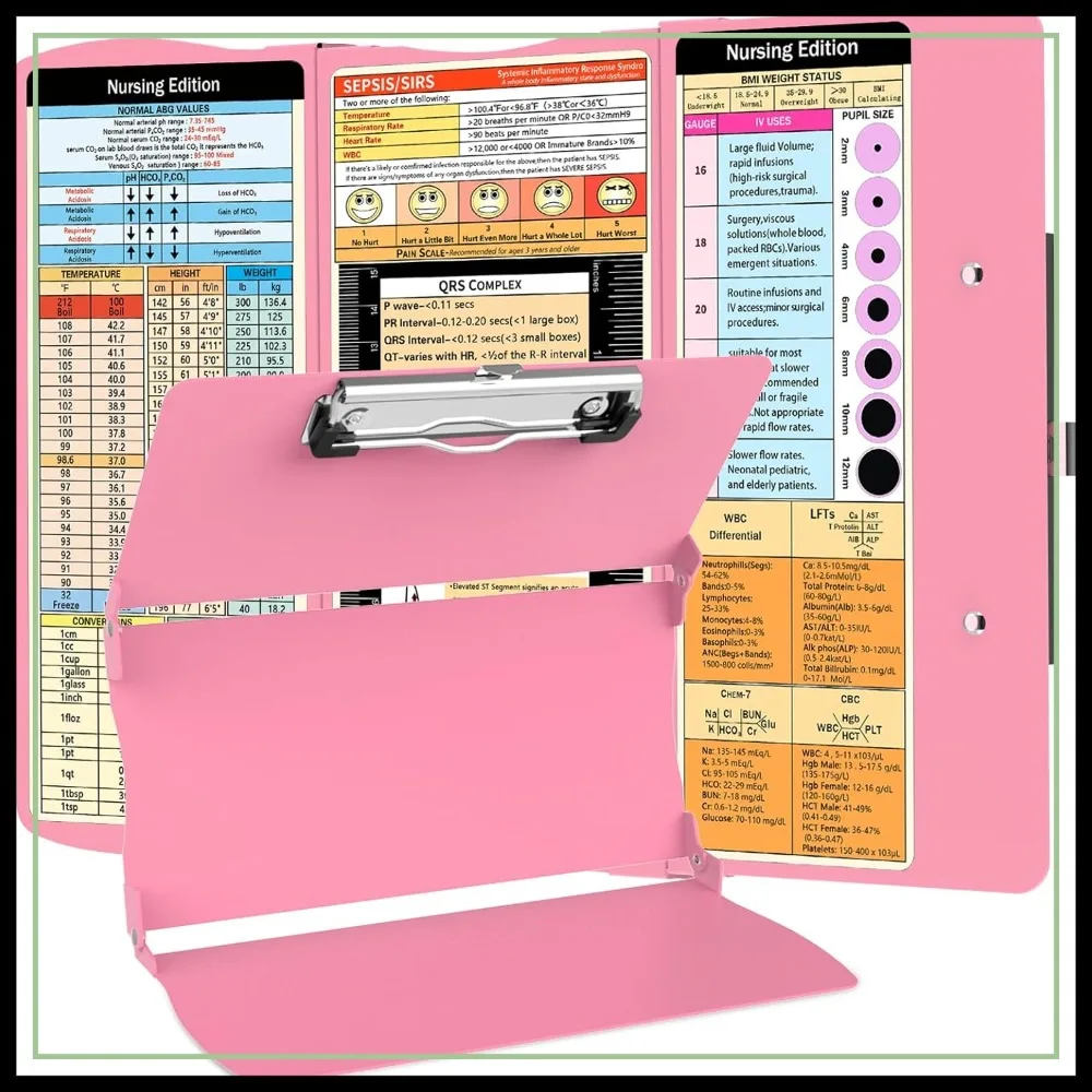 

3-Layer Aluminum Folding Clipboard, Pocket Size Nursing Clipboard with Cheat Sheets for Nurses, Doctors, Pink