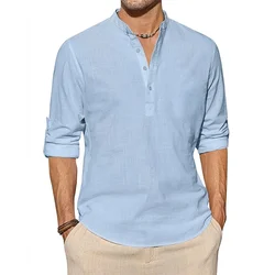 New Cotton Linen Shirts for Men Casual Shirts Lightweight Long Sleeve Henley T Shirt Solid Color Long Sleeve Tops Roll Up