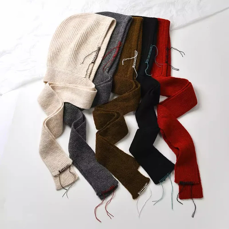 

Роскошный праздничный зимний наряд, шапка-бини, вязаная шапка-балаклава в корейском стиле для женщин с вязаным галстуком, теплая шапка с капюшоном на шее