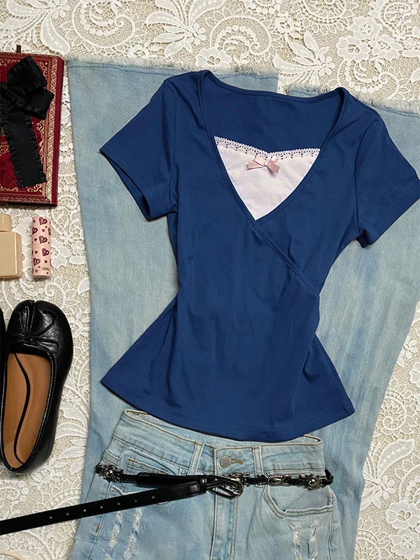 

Original Blue V-Ne ort Sve T-irt Women's Summer Color Blo Design Beautiful Small Top Faionable Cotton Blend