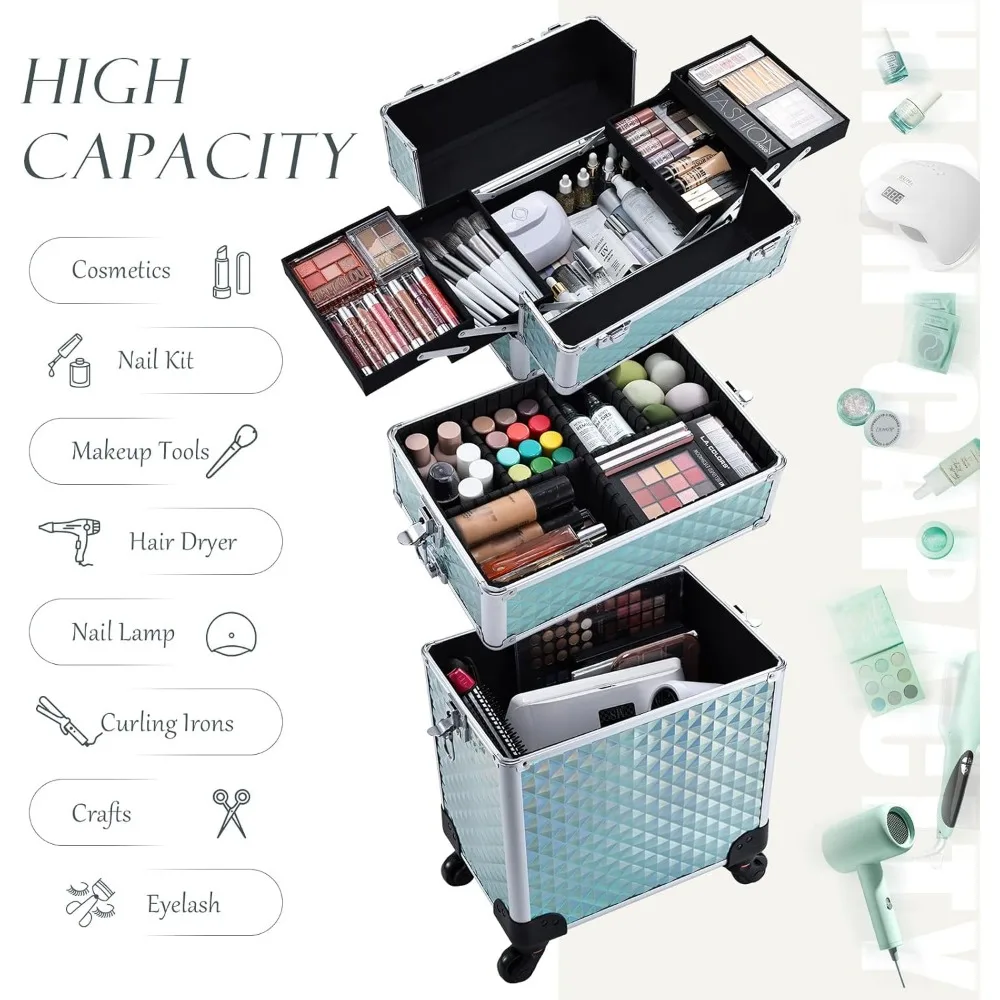 Rolling Makeup Case Cosmetology Case on Wheels 3 in 1 Cosmetic Trolley Large Storage Organizer Salon Barber Case Traveling