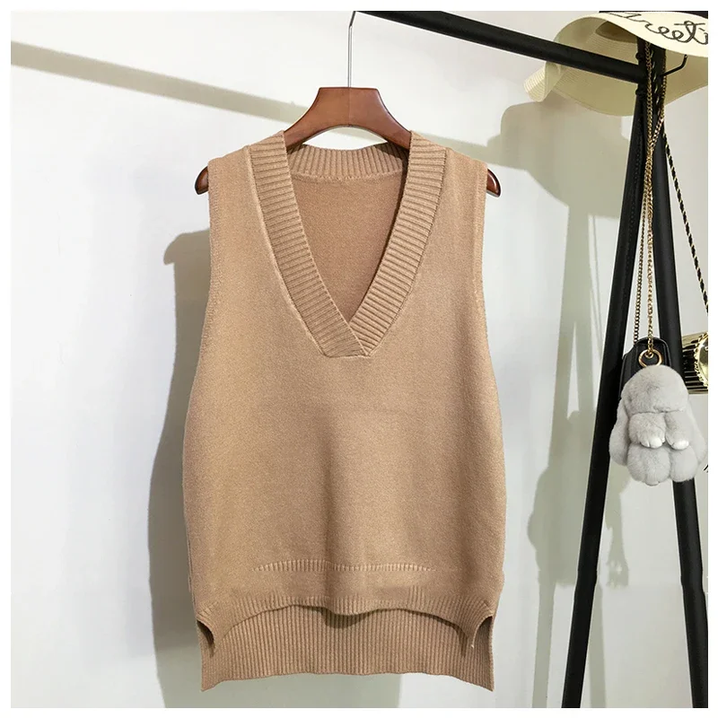 Women\'s Sweater Vest Sleeveless V Neck Basic Pink Autumn Winter Korean Fashion Loose Knitted Women\'s Jumper Knit Sweaters Tops