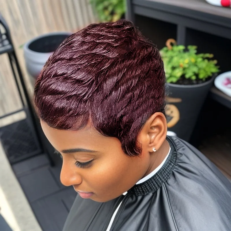 픽시컷 인모 전체 기계 제작 가발 여성용 짧은 가발 여름 매일 사용