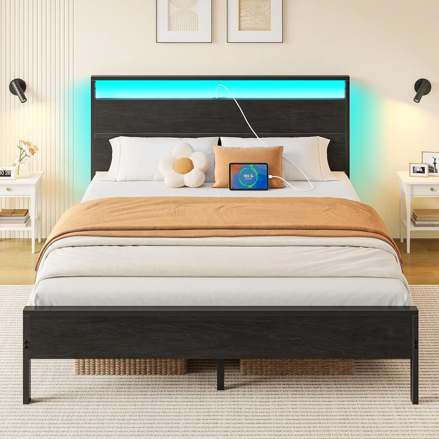 

Large Bed Frame with Headboard, Large Bed with LED Lights, Large Bed with Charging Station