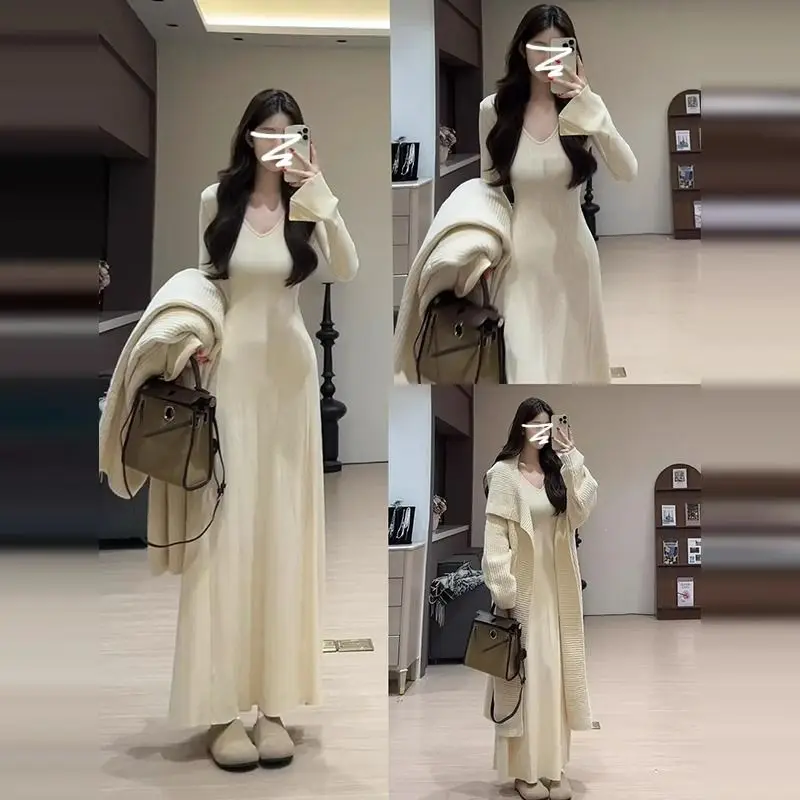 Autumn Winter New Fashion Long Sleeve V-neck Solid Women\'s Clothing Slim All-match Korean Temperament Casual Trend Chic Dresses