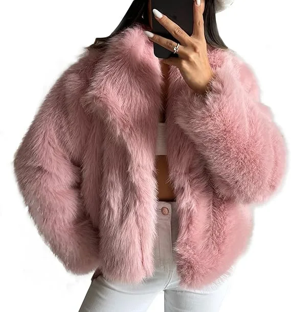 

Women Fur Coat Women 2025 Plush Red Bomber Jacket Solid Crop Long Sleeve Jacket Warm Winter Coats Female Casual Coats