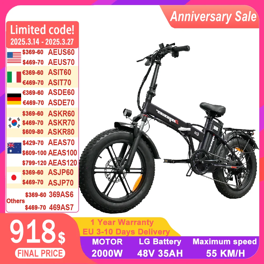 ZPW Electric bike for Adults 2000W 48V35AH 60KM/H Ebike motorcycle 20“*4.0 Off Road Tyre Mountain Foldable Electric Bicycles