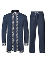 Muslim Robe The Traditional Dress of Arab Men 3D Pattern Printing Black White Yellow Navy Blue Long-Sleeved Trousers