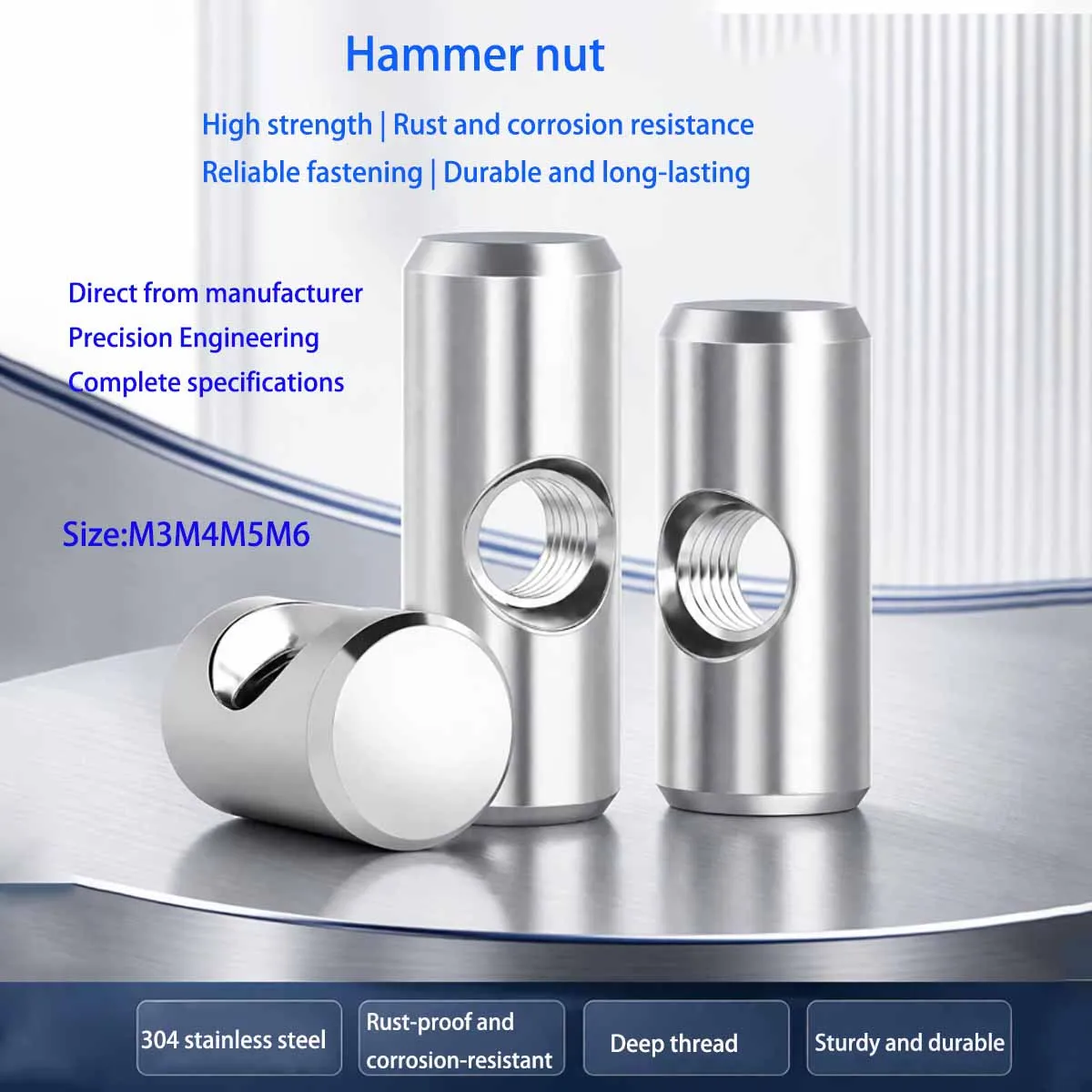 304 Stainless Steel Hammer Head Nut Cylindrical Pin Horizontal Hole Pre-embedded Connection Hammer Screw Nut M4M5M6