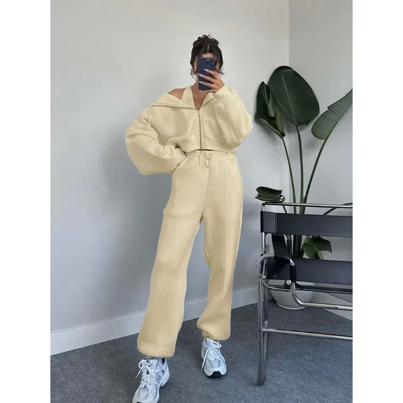 Casual Sets for Women 2 Pieces Long Sleeves Zipper Hooded Cardigan Sweatshirt Suit Fall Winter Solid Sporty Drawstring Pant Sets