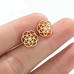 SMJEL Tiny Circle Earrings Stainless Steel Flower Seed of Life Stud Earrings for Women Geometry Round Hollow Wedding Jewelry