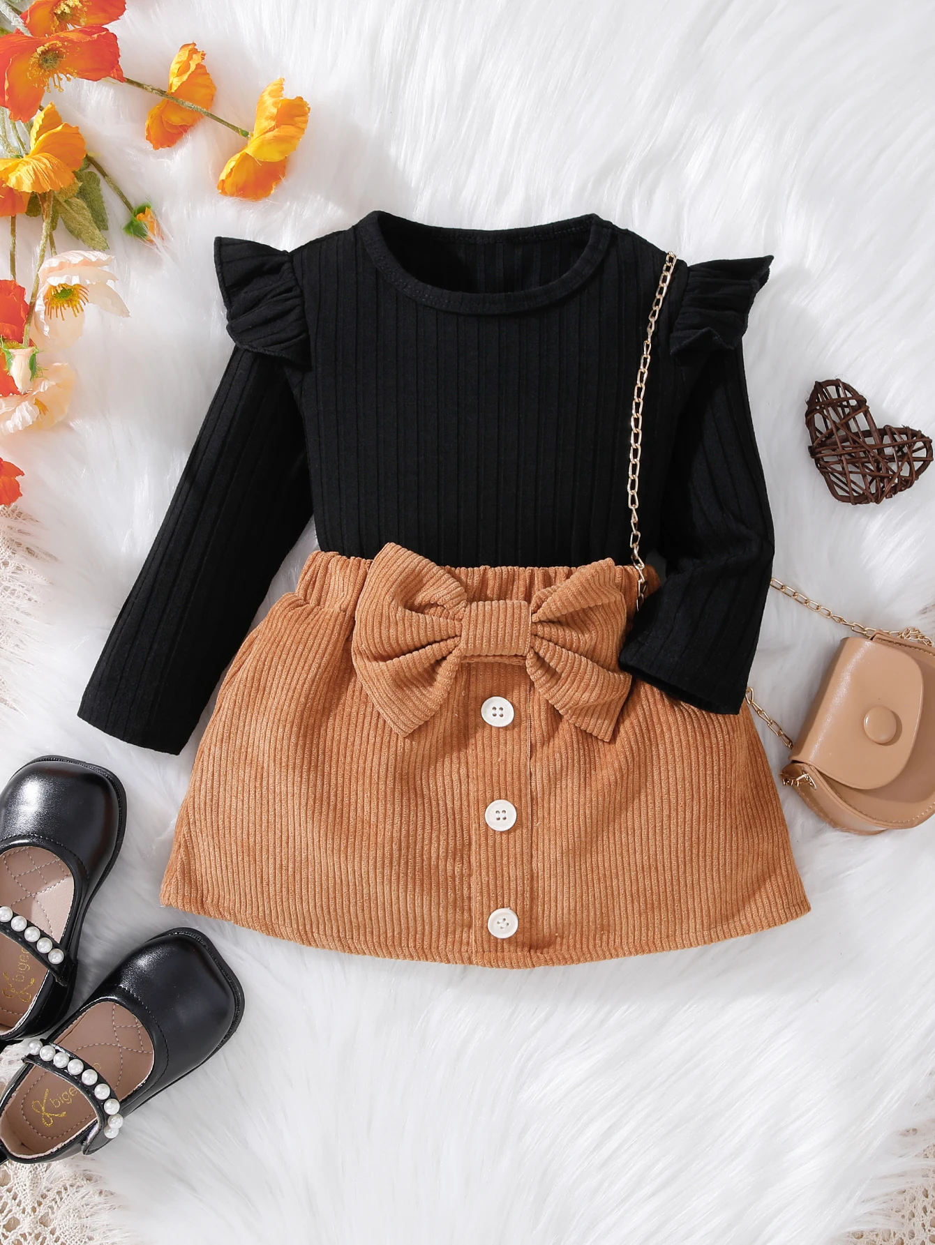 2024 Korean autumn long sleeved black fly sleeve+corduroy bow short skirt two-piece set