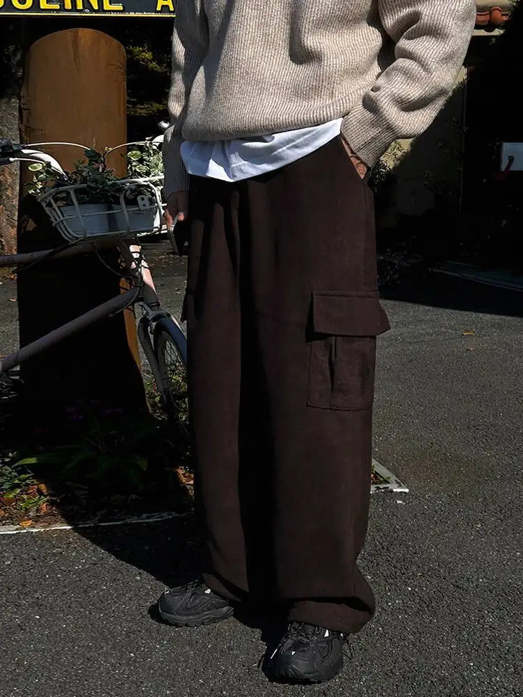 

SYUHGFA 2025 Winter Simple Men's Straight Cargo Pants Solid Color Drawstring Wide Leg Bottom Elastic Waist Loose Male Trousers