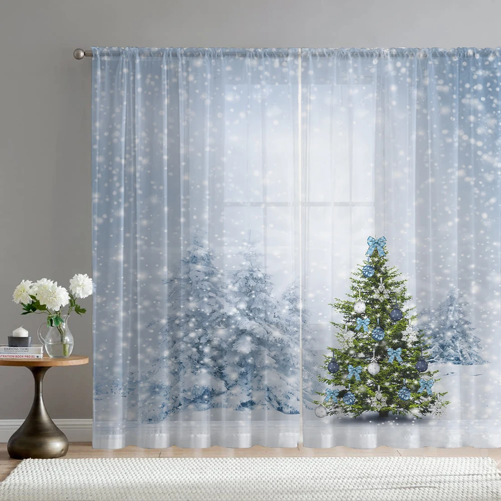 2PCS Home decoration printed window screens, snow pine trees, curtains with pole pockets, kitchen, coffee shop, living room