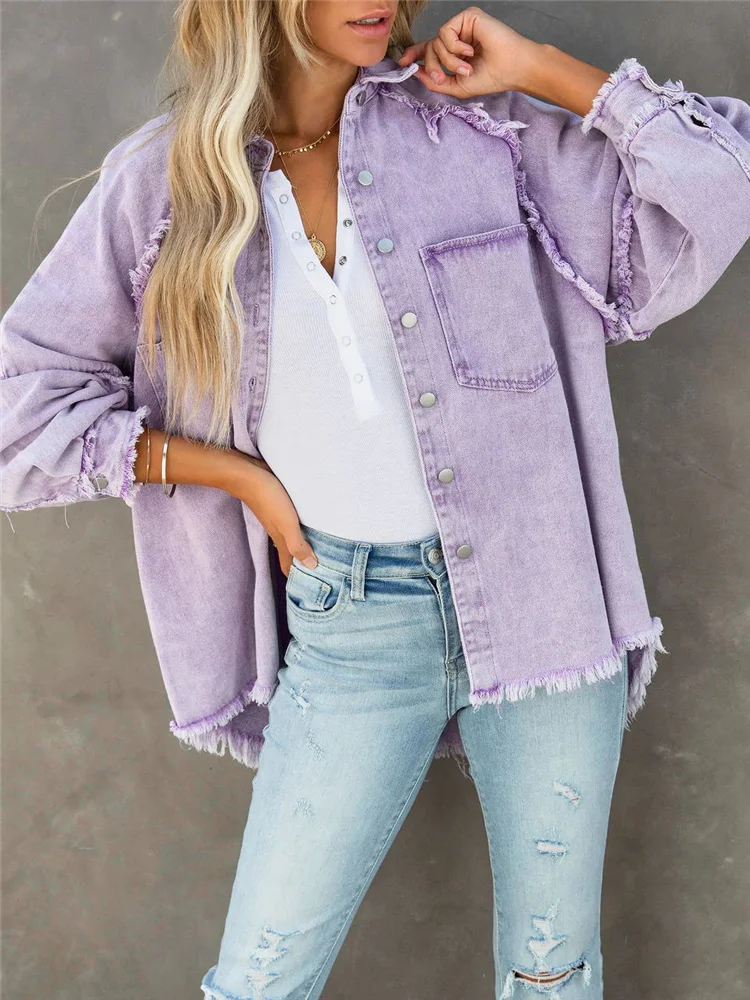 2022 Girls Sweet Pink Loose Shirt Jacket Woman Casual Soft Button Denim Shirts Ladies Chic Solid Pocket Jackets