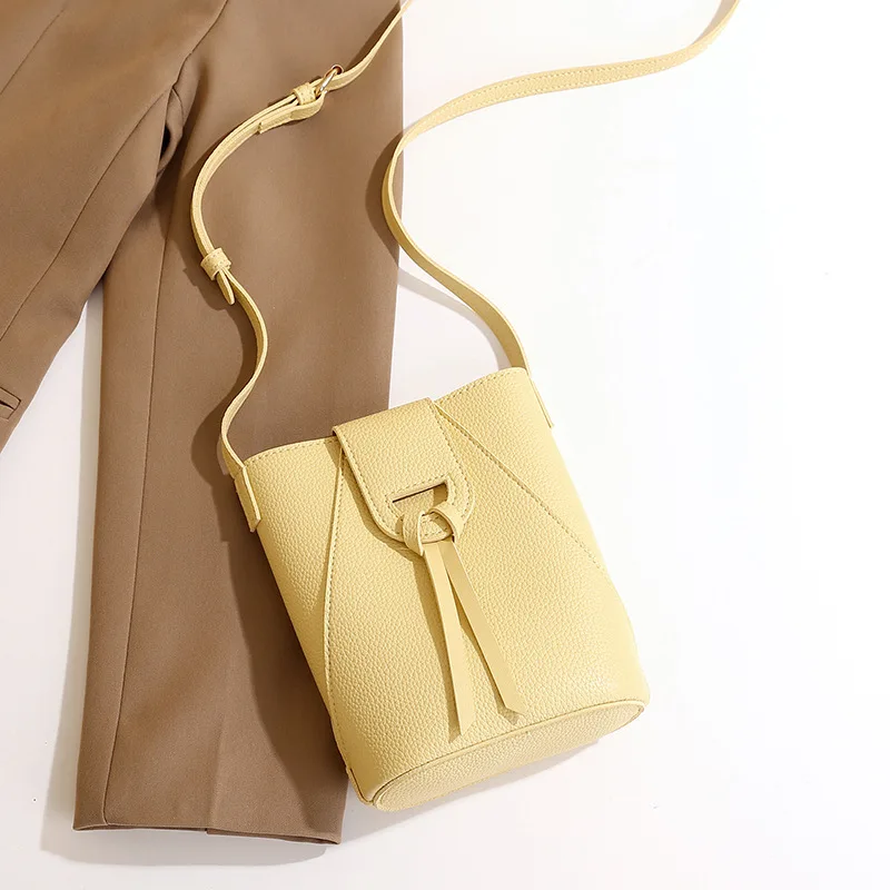 

Soft Leather Mini Phone Bag Women's Versatile Lightweight Yellow Bag High-quality Pure Color Bucket Bags with Crossbody Straps
