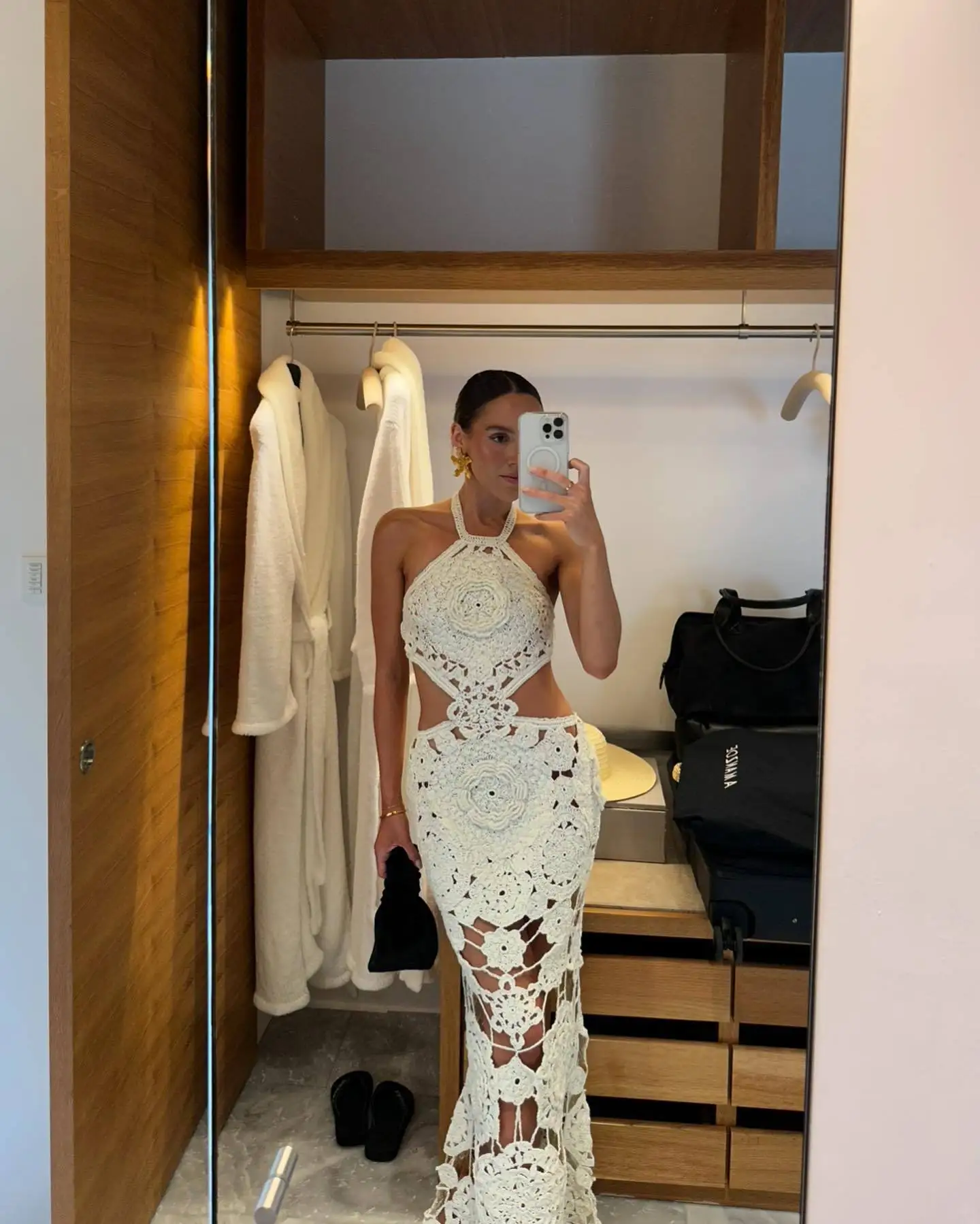 

Fmxires New Crochet Beach Vacation Dress Women Backless Halter Hollow Waistless Skinny Knit Arabesques Midnight Party Clubwear