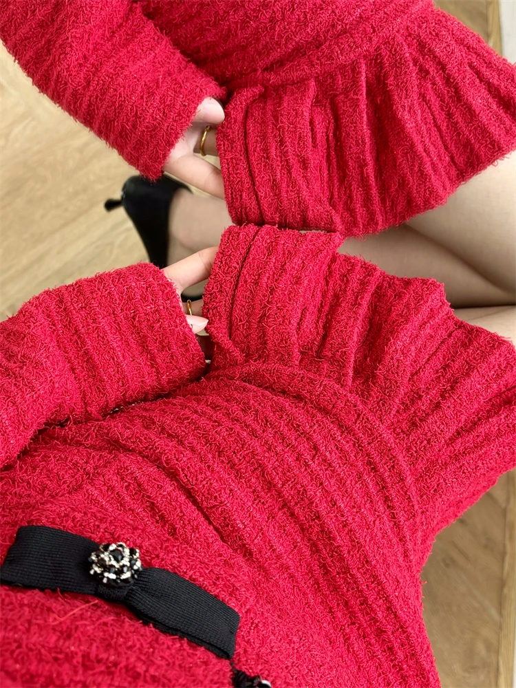 Weihnachtskleid, rot, elegantes Set, Schleife, quadratischer Ausschnitt, Waffel-Strickjacke + halber Rock für Damen, 2-teiliges rotes Tweed-Set für Damen