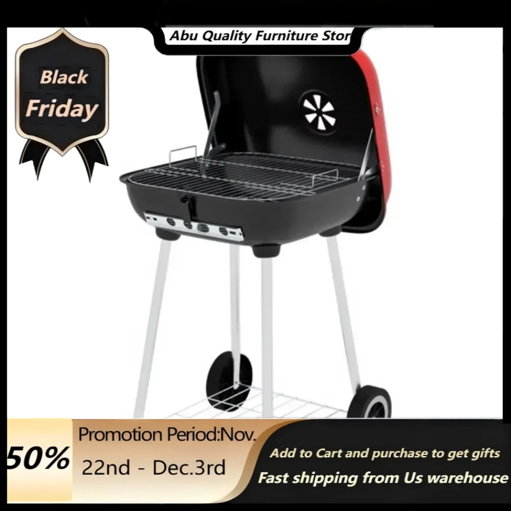 Portable Charcoal Grill /BBQ Grill with two back wheels for easy transport -Enamel-coated steel offers excellent heat resistance