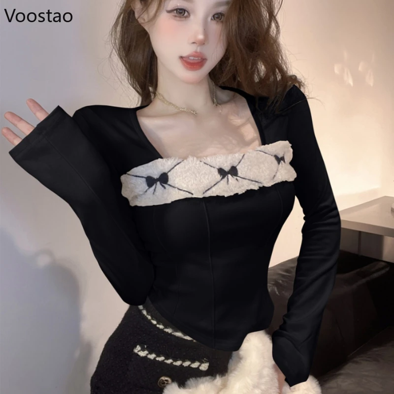

Autumn Winter Japanese Sweet Bow Embroidery Pullover Tops Women Faux Fur Square Collar Blouse Female Korean Harajuku Y2k Tops