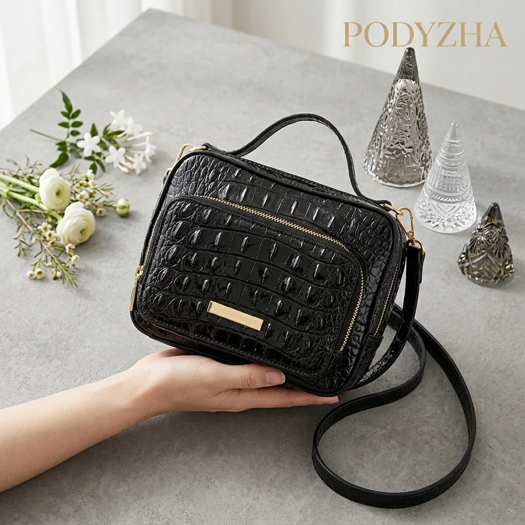 Women Croc Embossed Crossbody Camera Bag with Top Handle, Multi Pocket Zipper Sling Purse, Adjustable Removable Strap Casual Daypack for Travel Camping Outdoor Daily Outings