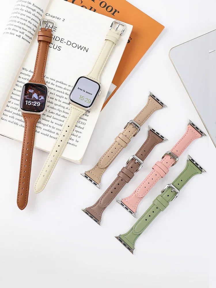 Тонкий кожаный ремешок для Apple Watch Band 45 мм Ultra 2 49 мм 38 мм 42 мм 41 мм 44 мм 40 мм женский браслет iwatch Series 9 4 5 SE 6 7 8 3