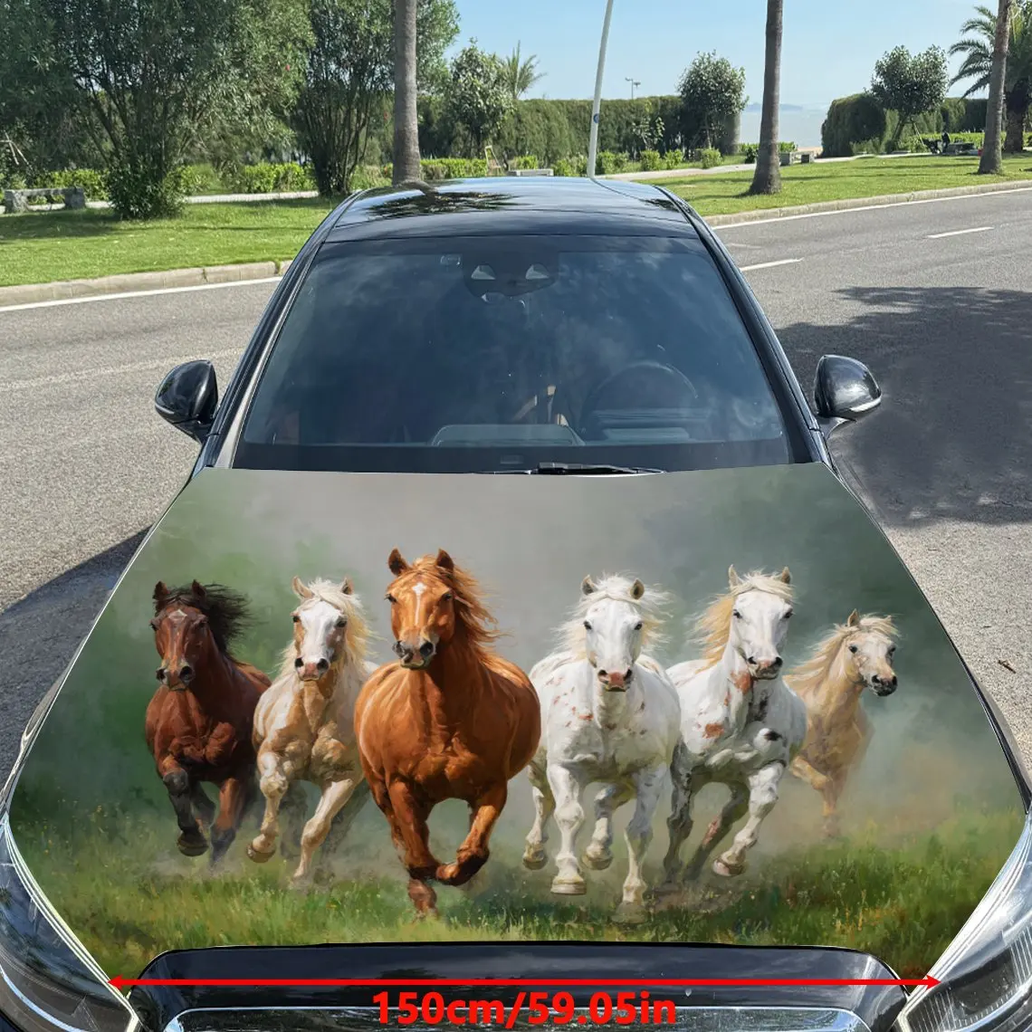 Car Decals Galloping Horses in Meadow Car Hood Sticker, Waterproof Self - Adhesive Vinyl Graphics Decals, Decorative Protective