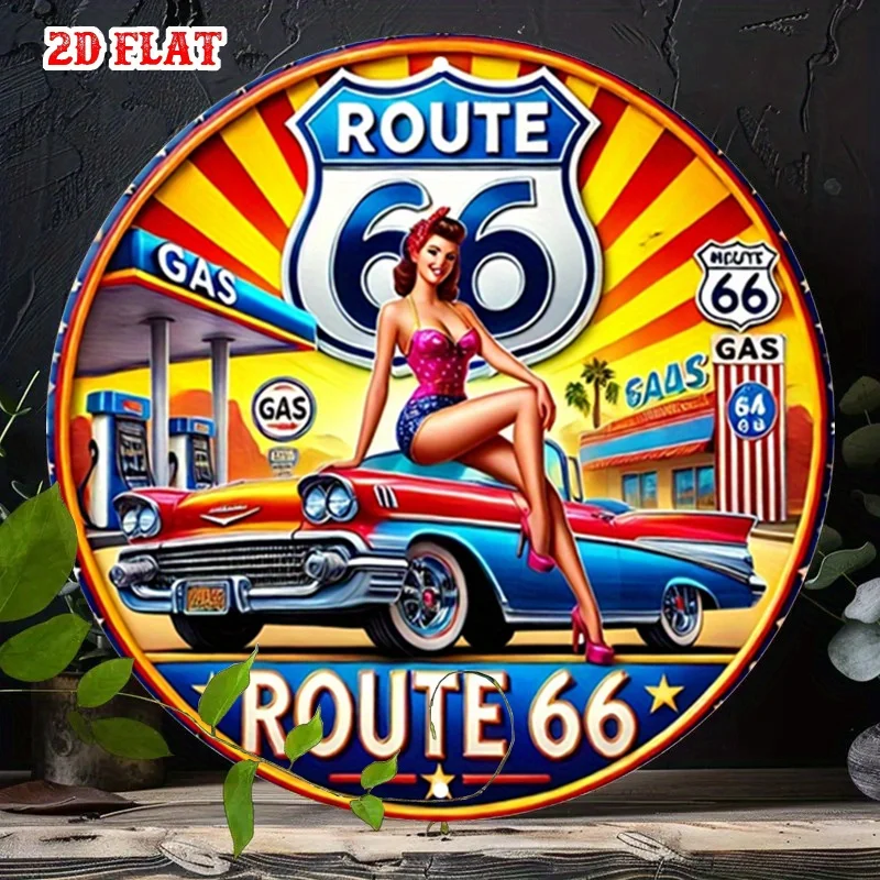2D Flat 1pc Gas Station Art Round Aluminum Sign, Iconic Road Trip Metal Tin Sign -  Pinup Style Rustic Metal Wall Art, Route 66