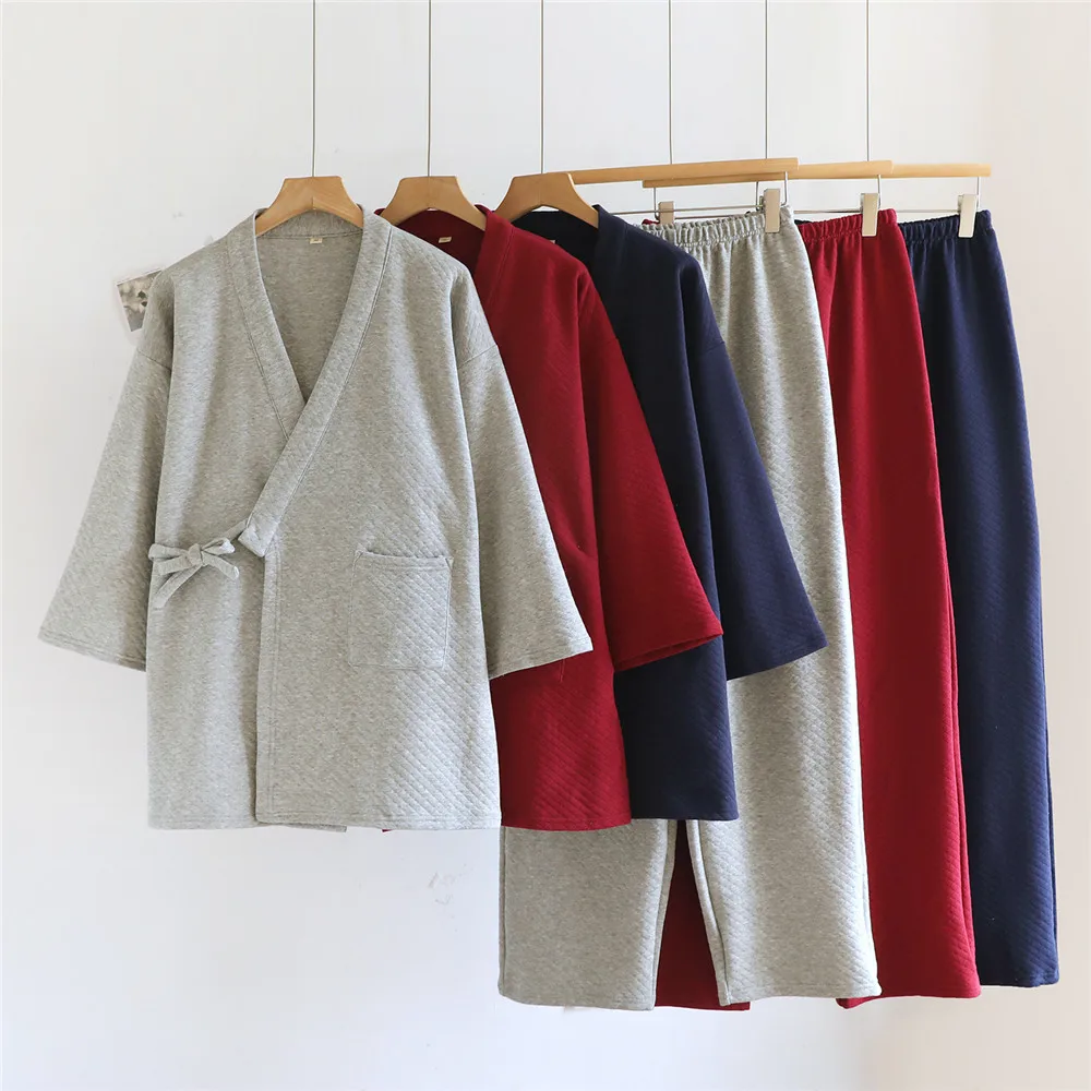 

Тонкое мужское кимоно в японском стиле на весну и осень, хлопковый халат Hanfu, брюки, пижама, домашний парный костюм