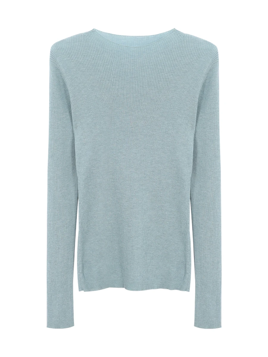 سترة محبوكة زرقاء بأكمام طويلة للنساء، تصميم عصري جديد للخريف، مريحة بأسلوب كسول، طبقة أساسية بأسلوب G