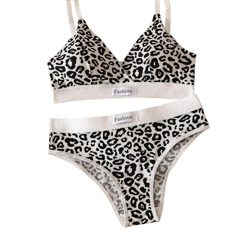 Conjunto de ropa interior con estampado de leopardo para mujer, sujetador sin huellas y con borde de acero, correa ajustable para el hombro, novedad