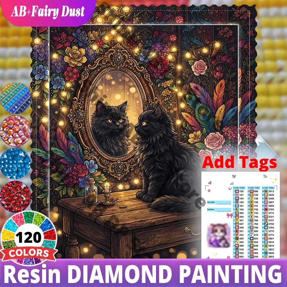 120 Color Resin Vintage Black Cat Ornate Mirror Animal AB Fairy Dust Diamond Mosaic Full Square Painting Home Decor