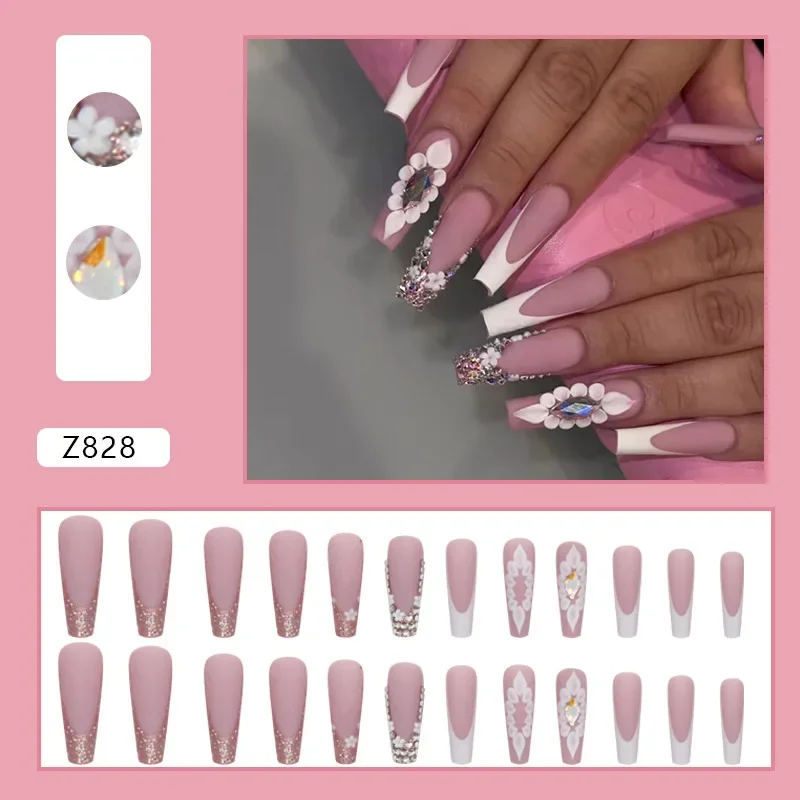 

24Pcs/Set French Diamond Design Fashion Press-on Nails Full Cover Handmade Wearing False Nails Removable Acrylic Fake Nail Art