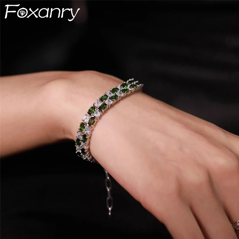 Foxanry Sparkling Green White Zircon Bracelets For Women Girls Heavy Industry Creative Trendy Elegant Engagement Jewelry Gifts