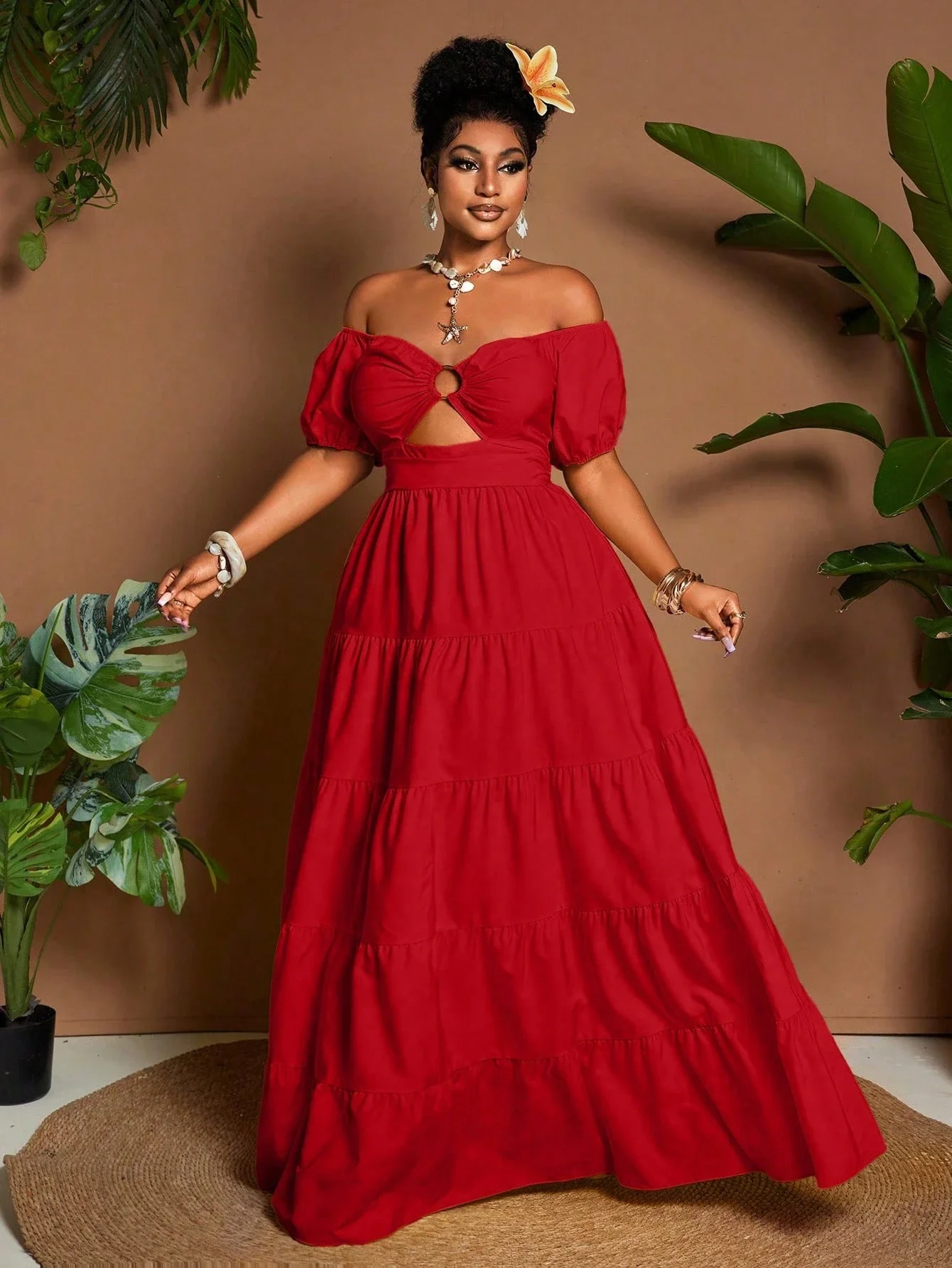 

Plus Size Women Off Shoulder Tiered Maxi Dress With Cut Out Detail