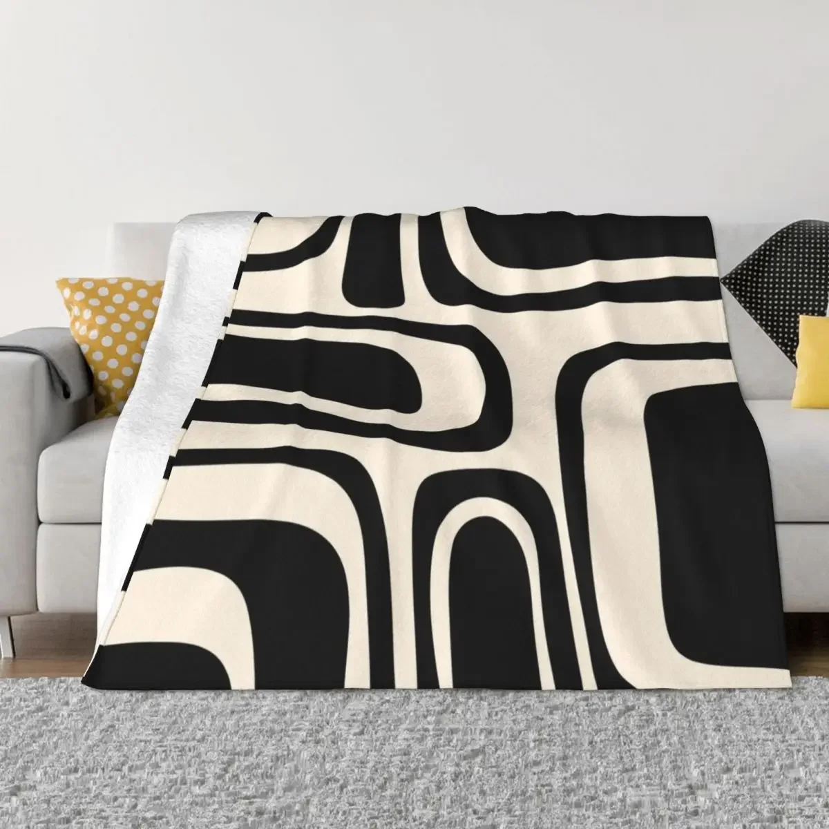 

Palm Springs Retro Midcentury Modern Abstract Pattern in Black and Almond Cream Throw Blanket Quilt Hair Furry sofa bed Blankets