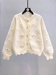 24 New Autumn and Winter Flower Language Pearl Knitted Cardigan Sweetheart Daisy Romantic Wavy Edge Sweater Jacket