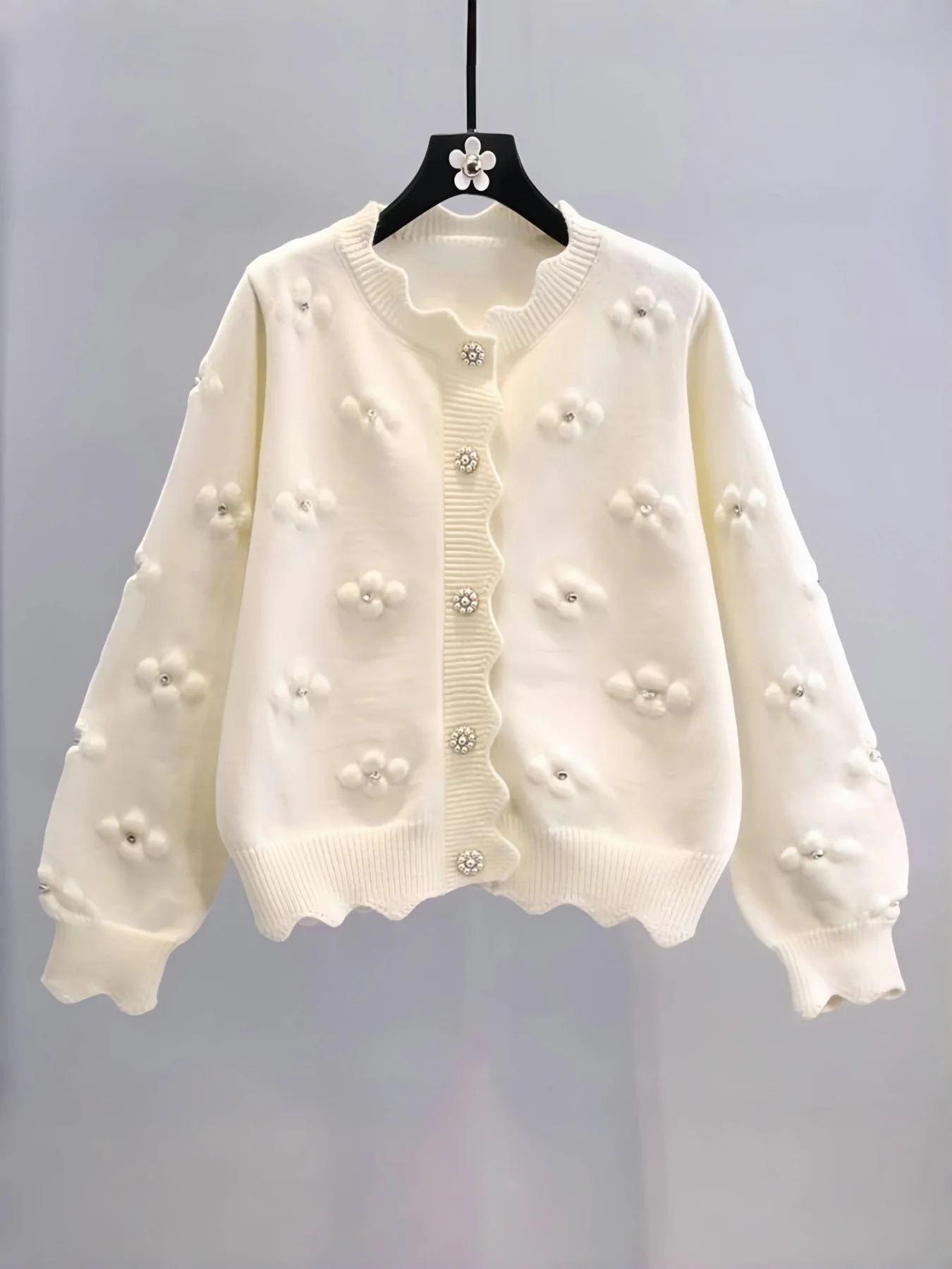 24 New Autumn and Winter Flower Language Pearl Knitted Cardigan Sweetheart Daisy Romantic Wavy Edge Sweater Jacket