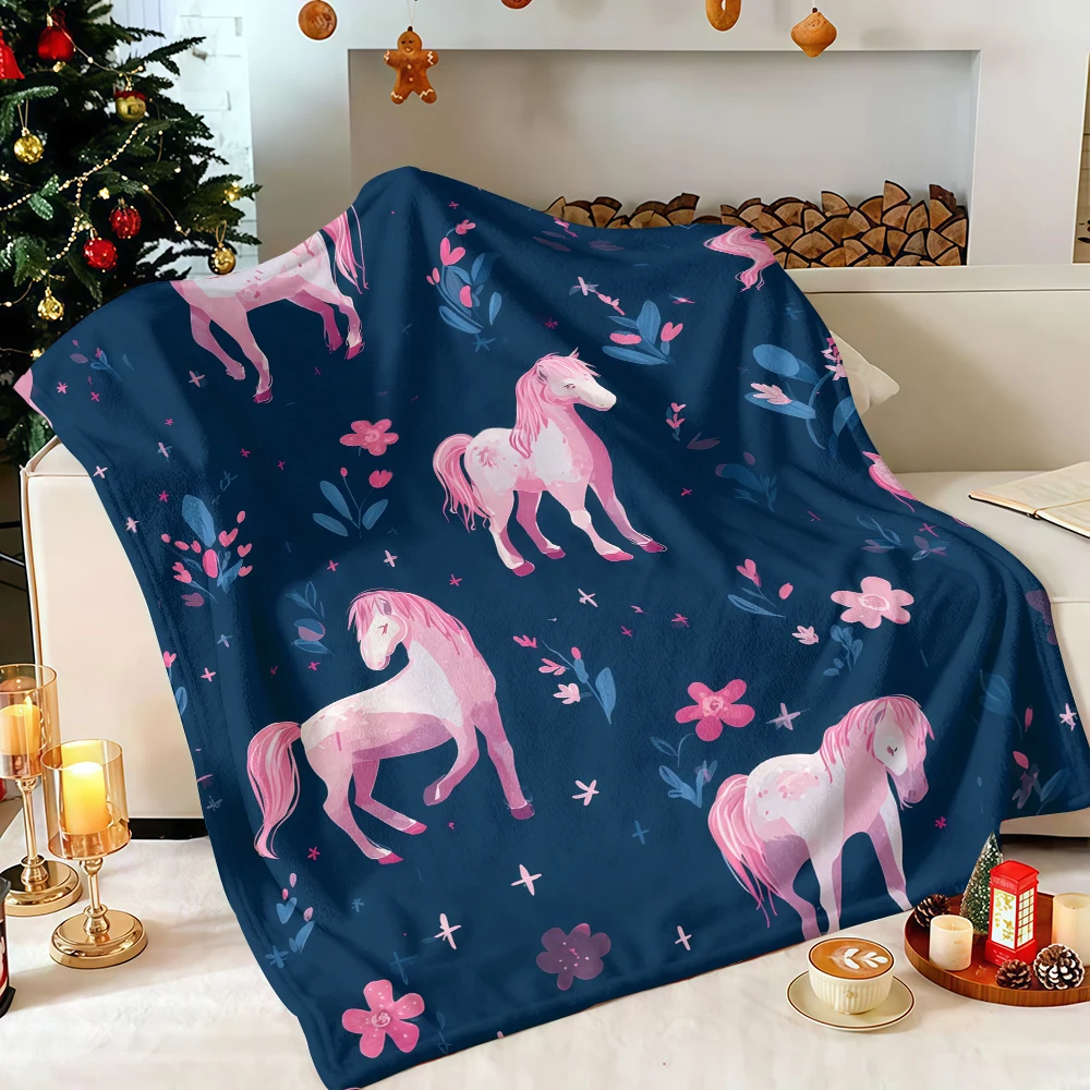 Navy Pink Horse Floral Flannel Blanket Soft Fuzzy Plush Cozy Warm Throw for Sofa Bed Couch Home Decor Gifts