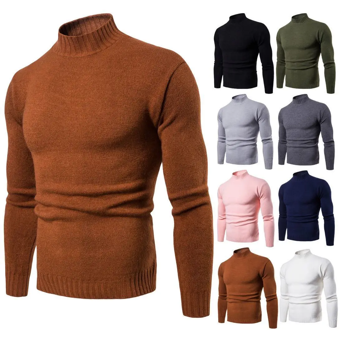 Autumn Winter Men’s Mock Neck Pullovers Knitted Sweater Solid Color Slim Fit Fashion Pullover Sweater Men Casual Clothing 2023