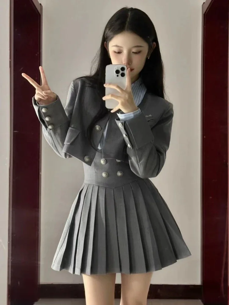 Winter Vintage 3 Piece Set Women Patchwork Kawaii Skirt Suit Female Korean Fashion Short Coat+Pleated Skirt+Striped Shirt 2023