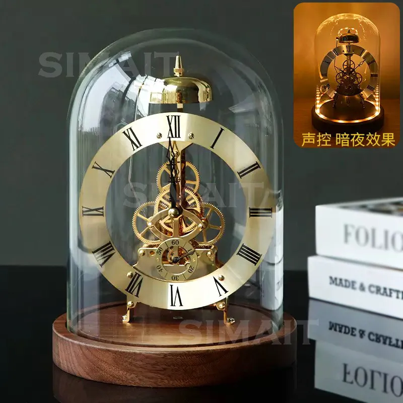 High-end Desk Clock, Black Walnut Mechanical Clock, Art Desk Clock, Luminous European Retro Metal Quartz Clock