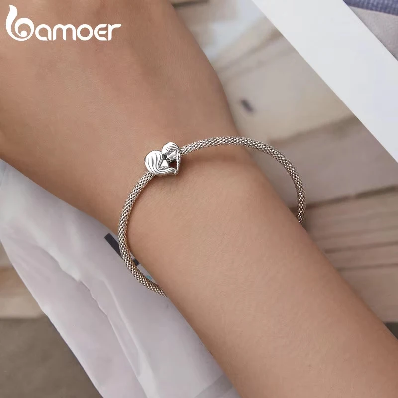 BAMOER 925 Sterling Silver Mother & Daughter Bead Affinity Heart Charm dla kobiet Bransoletka Bangle DIY Prezent na Dzień Matki BSC687