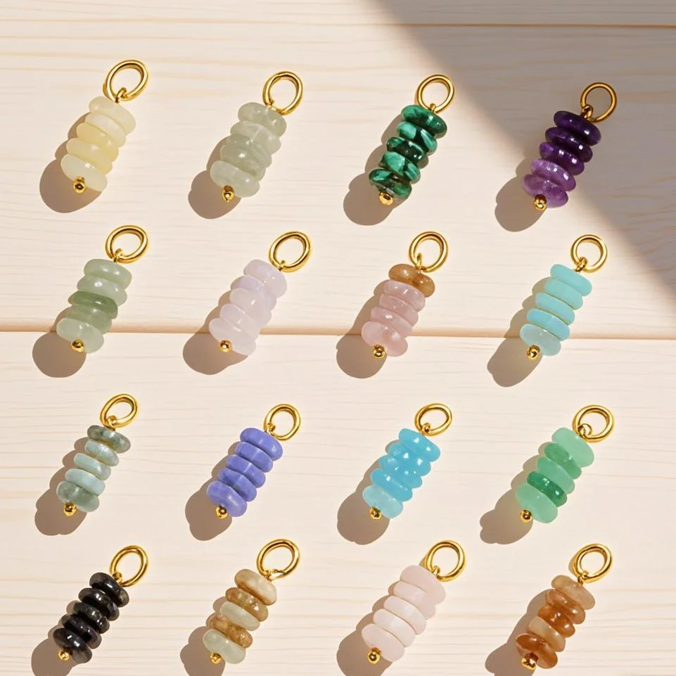 Mehrfarbige Natursteinperlen, glatter Anhänger, vergoldeter Kristall-Charm-Anhänger, Zubehör für DIY-Halskette, Schmuck, Armband