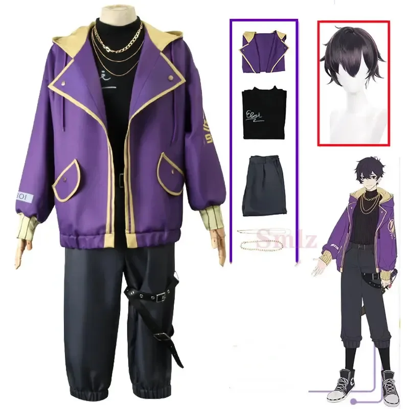 

Shoto Shxtou Cosplay Anime VTuber Cosplay Costume Men Fancy Party Suit Wig Shoes Purple Jacket Halloween Carnival Uniform