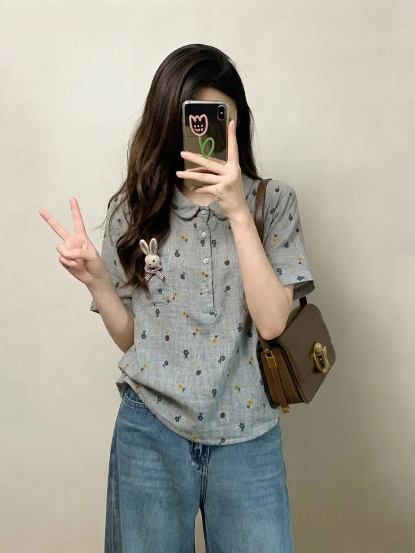 

Gray Cotton Linen Doll Collar Short Sleeve Shirt Women's Spring Summer New Style plus Size Age Reduction Top Thin Shoulder