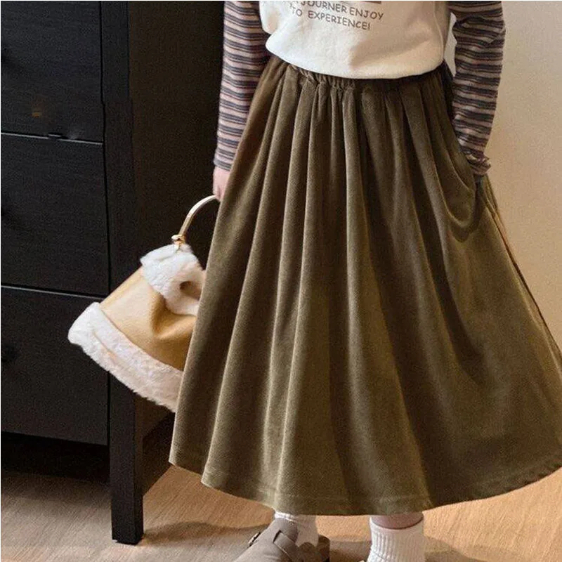 Children Autumn Big Girls Long Skirts Vintage Solid Color Fall Skirt Student Uniform 2024 New 3 4 5 6 7 8 9 10 11 12 13 14 Years