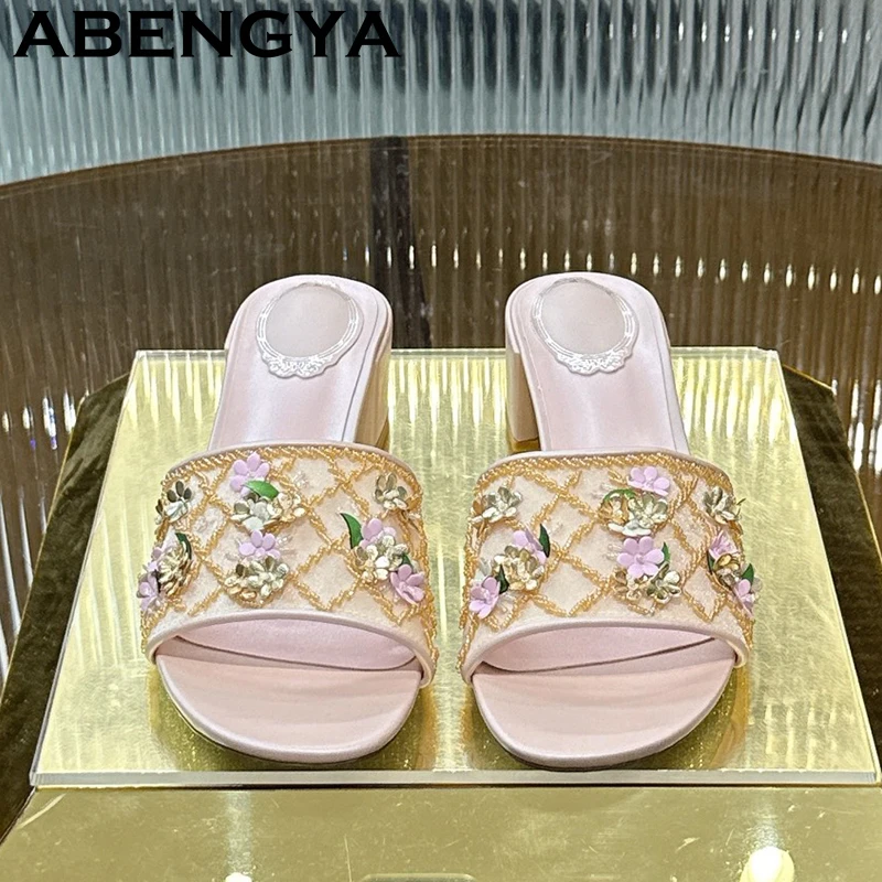 2026 Summer Pretty Flowers Chunky Heels Crystal Slippers For Women Open Toe Mid Heels Mules Sexy Party Dress Slides Shoes Female