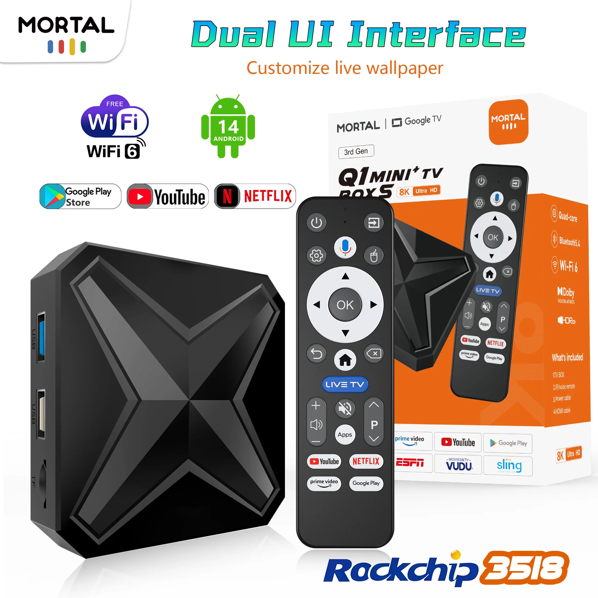 Mortal Smart TV Box Android 14 Netflix 4K Ultra DDR4 2G16G WiFi 6 USB 3.0 Game RK3518 Q1 Mini+ Dynamic UI Reproductor Multimedia