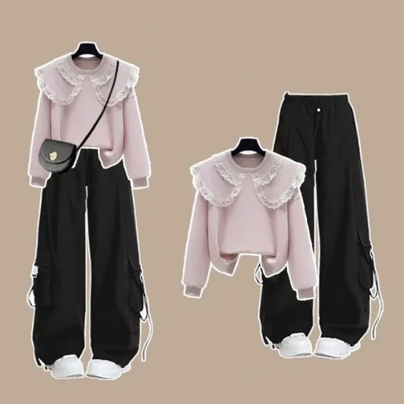 

Girls' Spring & Autumn New Fashion Tracksuit Matching Set 2026 Korean Elegant Lace Hoodie Top+ Casual Cargo Pants Two-Piece Suit